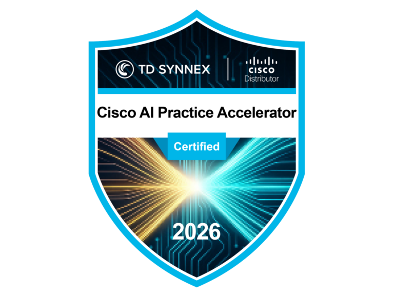 Shield-shaped badge with Cisco and TD Synnex logos, reading 'Cisco AI Practice Accelerator' and 'Certified 2026' on a tech-themed background.