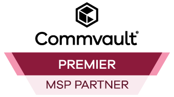 Commvault Premier MSP Partner badge with the logo and maroon ribbon.