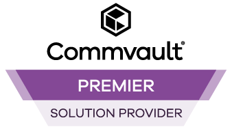 Commvault Premier Solution Provider badge featuring the logo and purple ribbons.