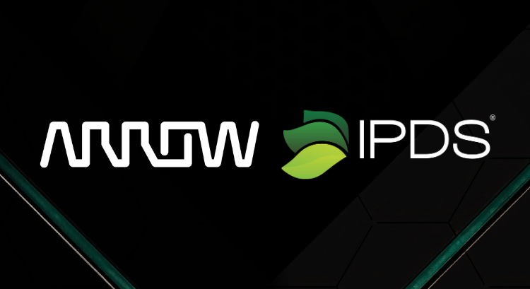 Arrow IPDS logo with stylized white text and a green leaf emblem on a dark geometric background.