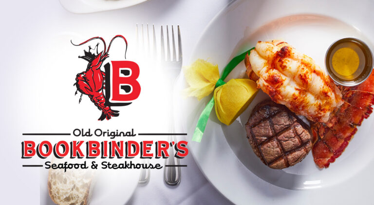 Bookbinder's logo with a red lobster beside a surf-and-turf plate (lobster tail, steak, bacon) and bread.